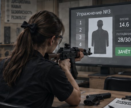 Девушка выполняет упражнение по экрану с мишенью: на экране зачёт